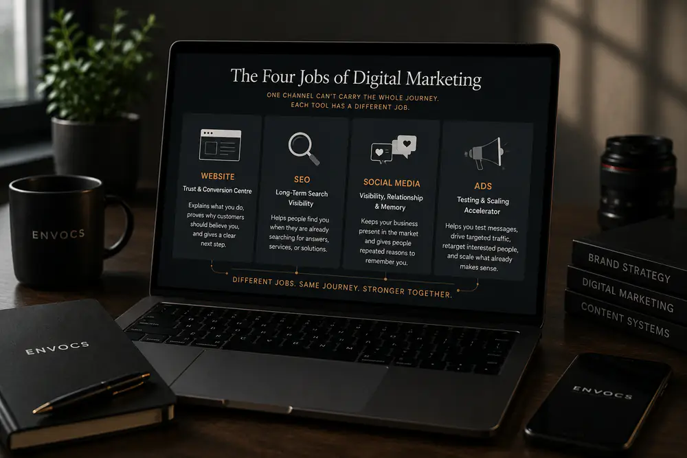 Four jobs of digital marketing showing website, SEO, social media, and ads as separate roles in one customer journey